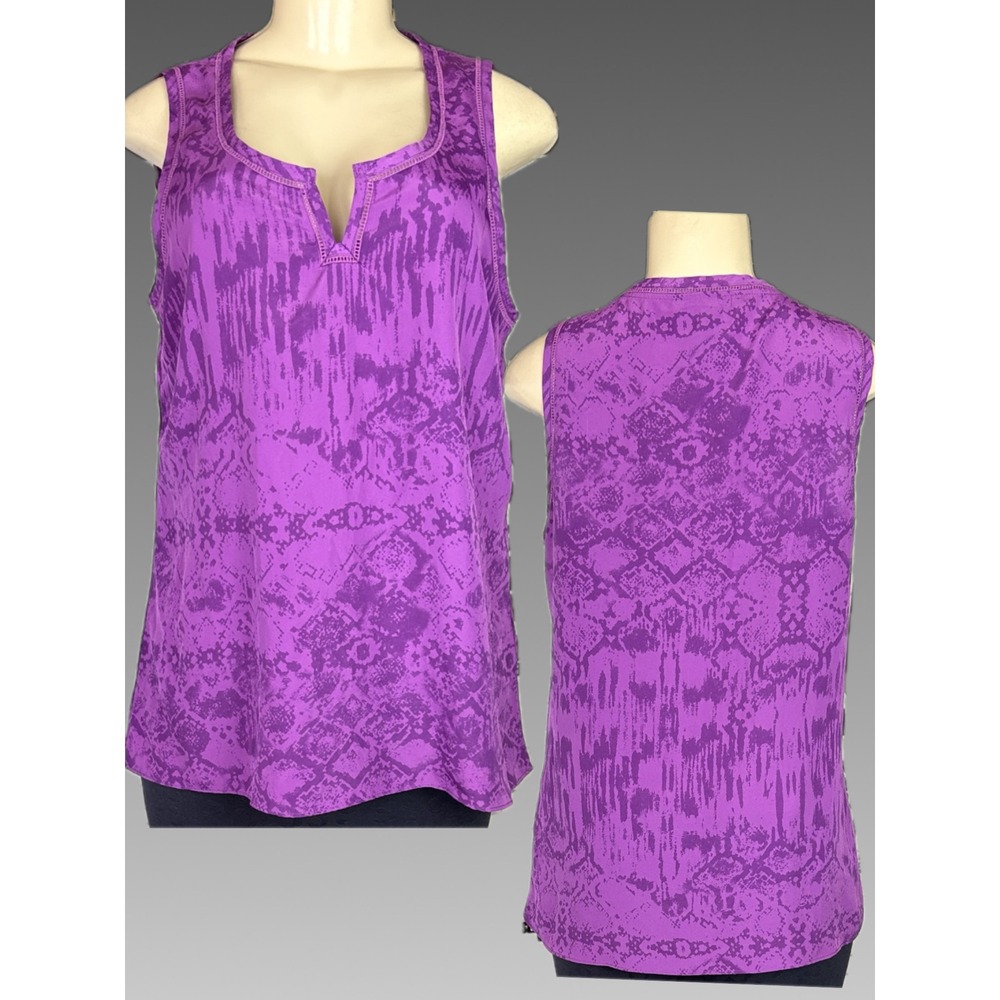 Calvin Klein Jeans L Purple Snakeskin Ikat Split Neckline Sleeveless Blouse